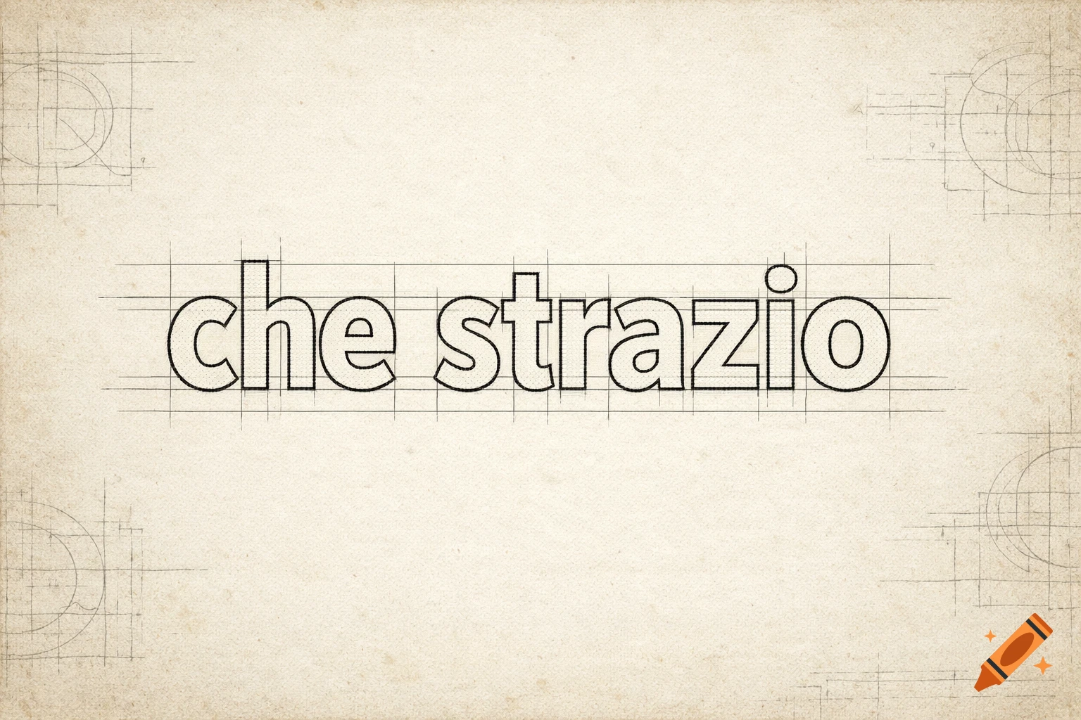 The words "che strazio" rendered in an outline font on aged, grid-lined blueprint paper with technical drawing elements.