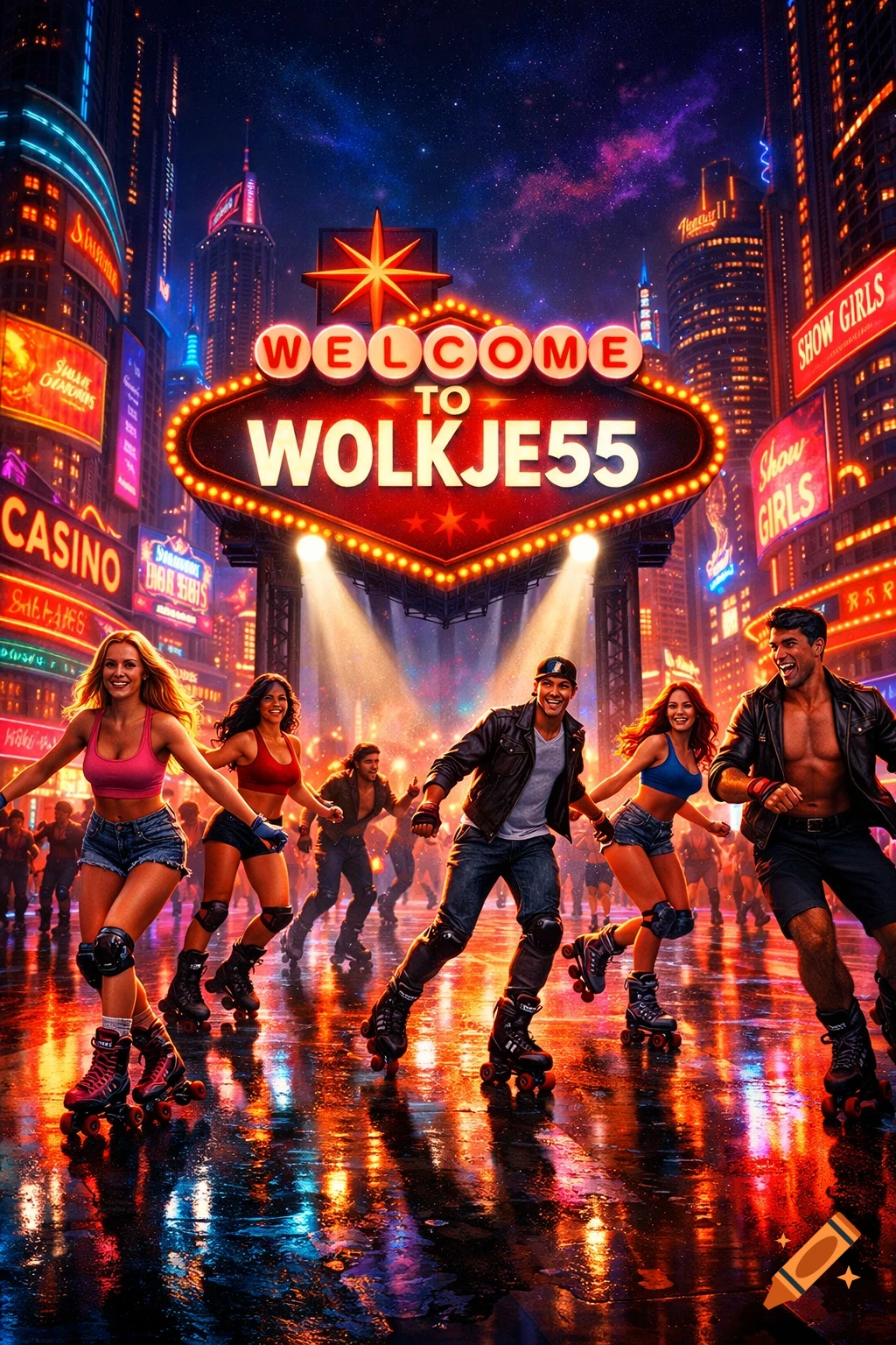 A vibrant, neon-lit cityscape at night with a group of diverse young people rollerskating on a wet street under a large 'Welcome to Wolkje55' sign.