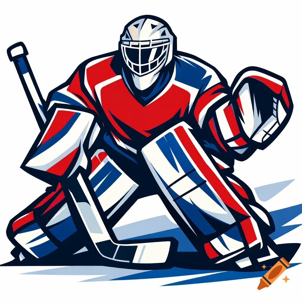 A red, blue, and white stylized hockey goaltender in full gear, holding a stick in a ready stance.