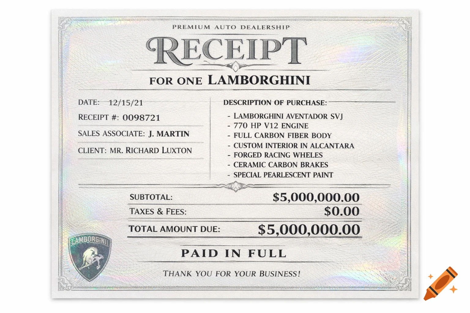 A close-up view of a detailed receipt for a Lamborghini, dated 12/15/21, showing a total amount of $5,000,000.00 paid in full.