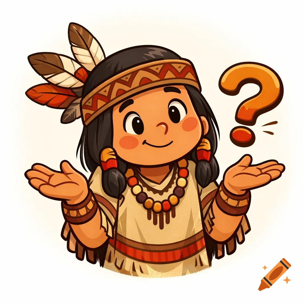A cartoon child with long black braids and a feathered headband shrugs with open palms, looking confused, with a question mark beside them.