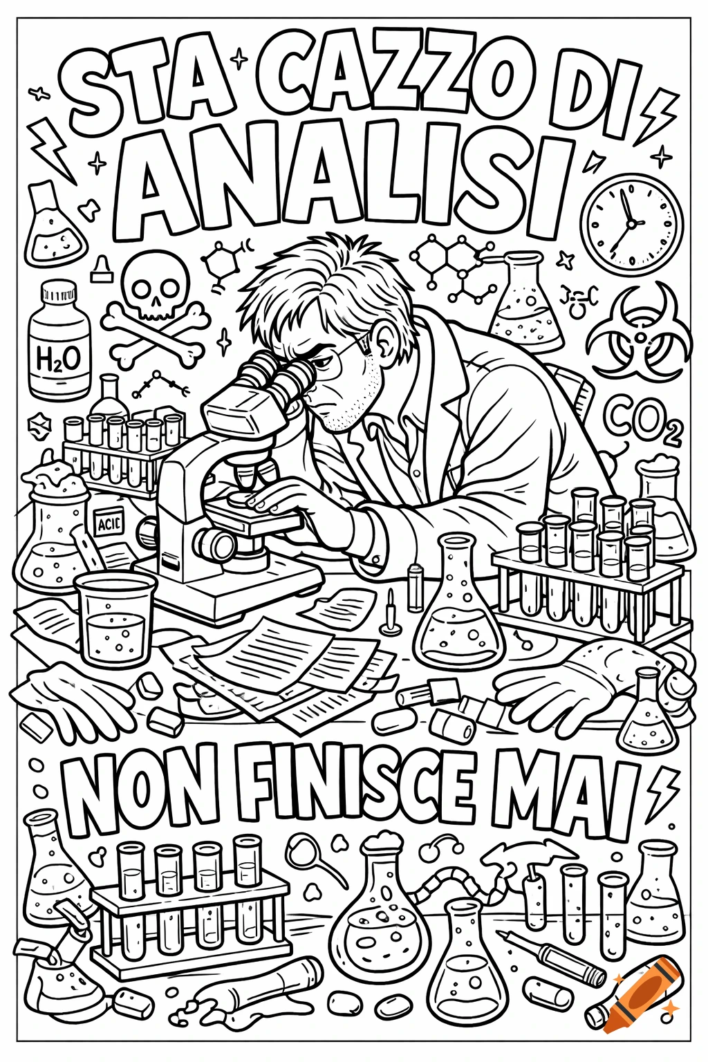 Black and white coloring page of a stressed male scientist looking through a microscope, surrounded by messy lab equipment. Italian text reads, "STA CAZZO DI ANALISI NON FINISCE MAI."