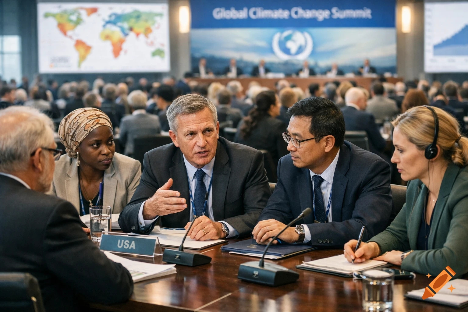 Diverse delegates at a global climate change summit, with a man speaking at a table.