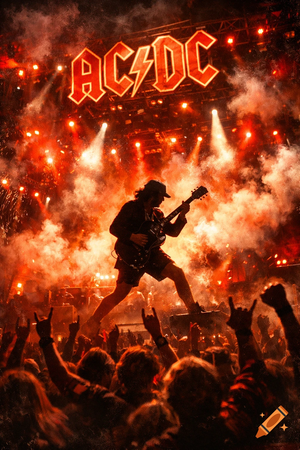 Photorealistic image of a guitarist performing on stage at an AC/DC concert, bathed in red and orange light, with a crowd cheering below.