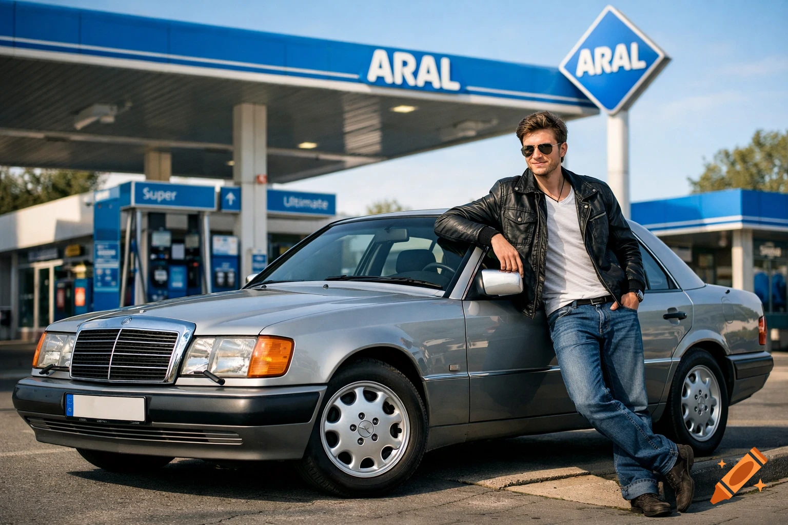 A man in a leather jacket and sunglasses leans on a silver Mercedes-W124 at an Aral gas station on a sunny day.