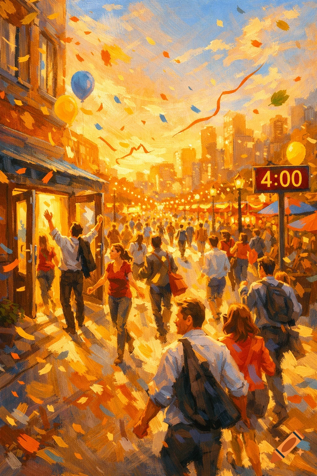 Impressionistic painting of a crowded city street at sunset, with confetti, balloons, and a '4:00' sign.