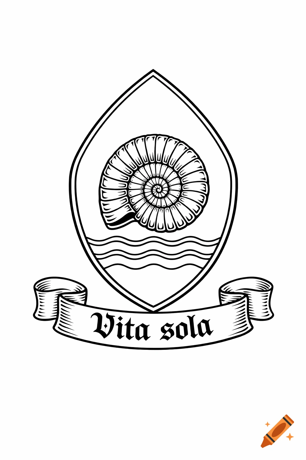 A black and white outline of a heraldic shield with a spiral ammonite above wavy lines, and a banner below reading "Vita sola" in Gothic font.