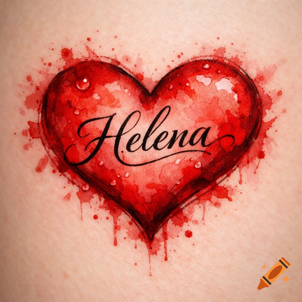 A red watercolor heart tattoo with the name Helena in script on skin.