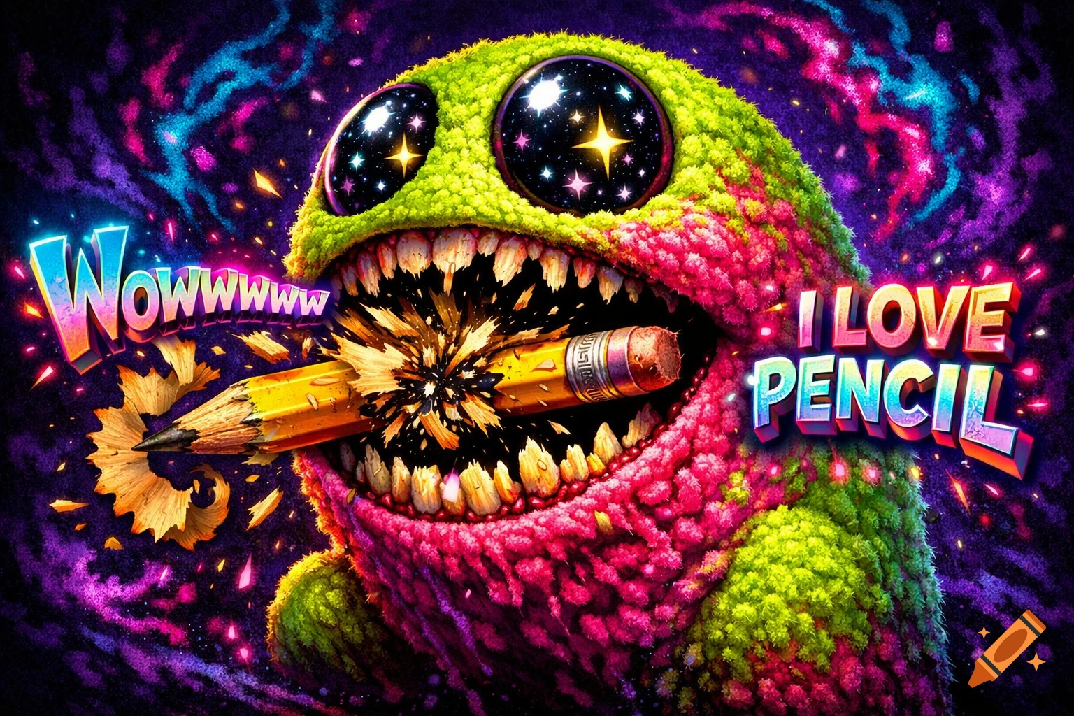 A vibrant, neon green and pink monster with large, starry eyes is eating a pencil, with text saying "Wowwwww" and "I LOVE PENCIL" around it. The background is a swirling cosmic pattern.