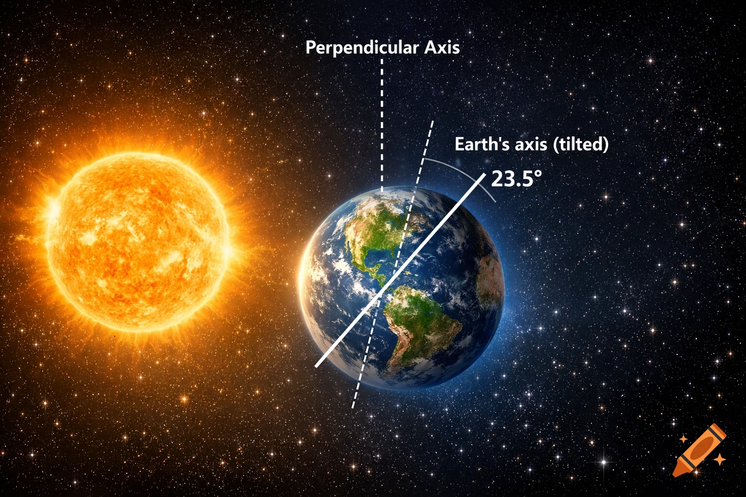 A diagram showing the Sun and a tilted Earth, with labels indicating the perpendicular axis and Earth's axis tilted at 23.5 degrees.