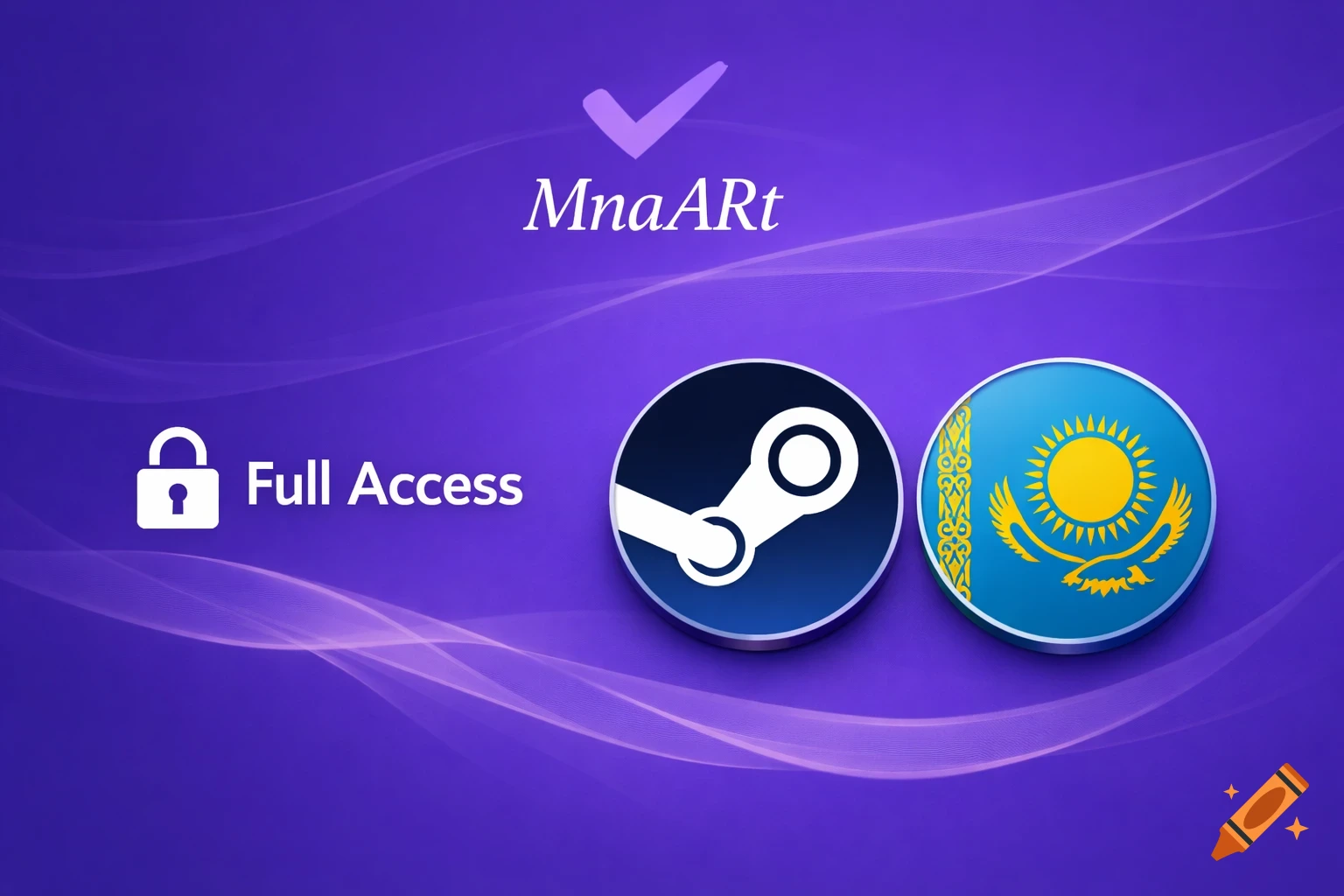 Purple background with a checkmark and 'MnaARt' text. A lock icon with 'Full Access', and circular logos for Steam and Kazakhstan's flag.