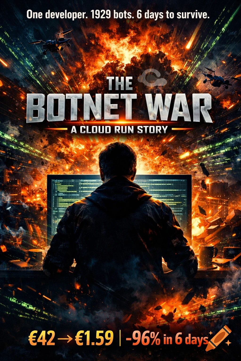 A movie poster for 'The Botnet War' featuring a developer at a computer, with fiery explosions, code, and drones in the background, set against a dark city. The poster includes text for a tagline and pricing details.