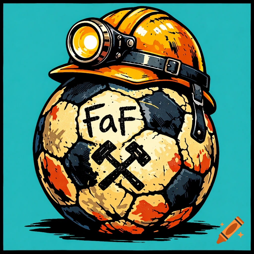 A pop art illustration of a worn-out soccer ball with a crooked miner's helmet on top, featuring the text 'FaF' and crossed hammers.