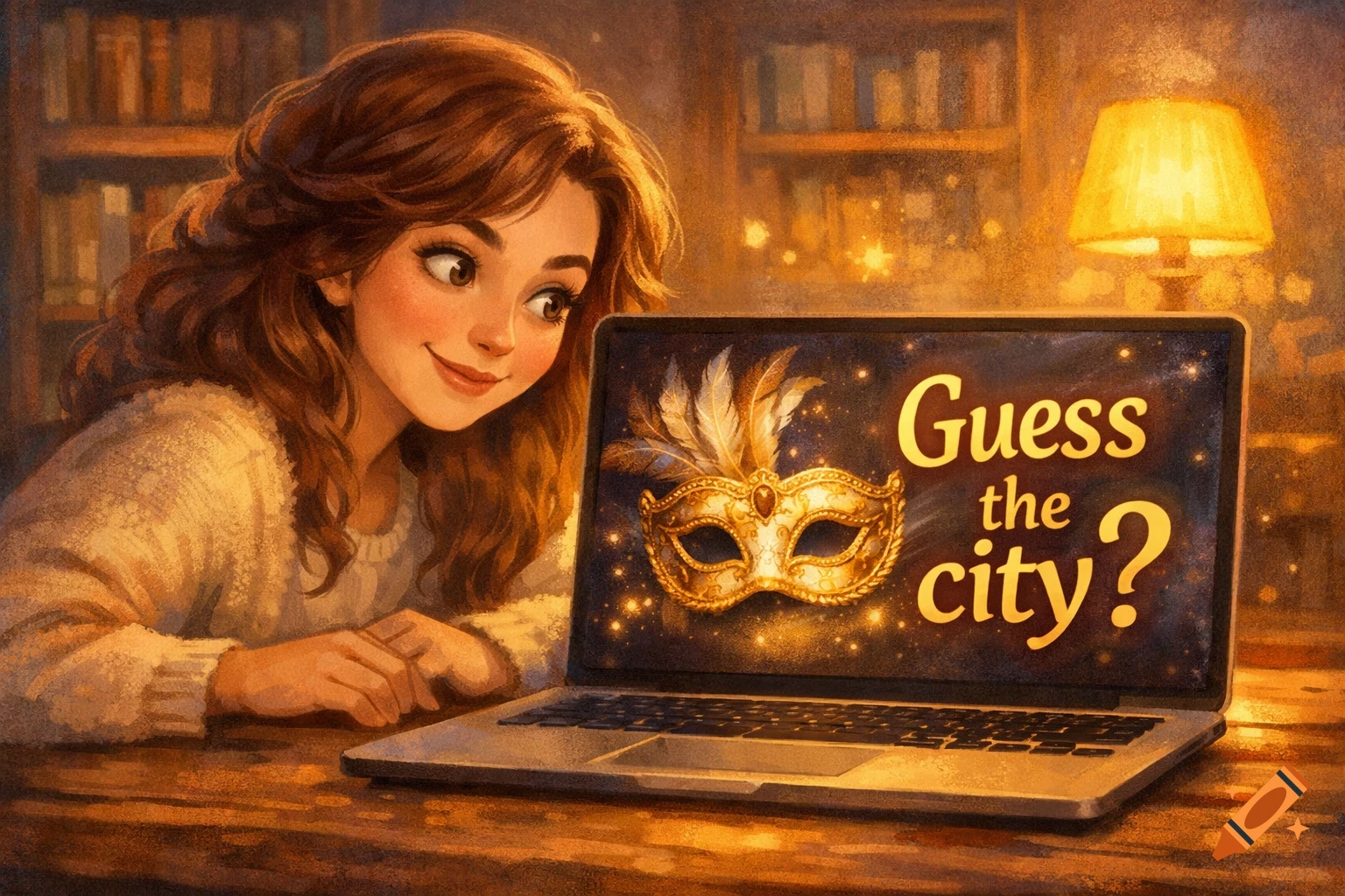 An illustrated young woman with warm hair smiles at a laptop showing a golden carnival mask and 'Guess the city?' text in a cozy room.
