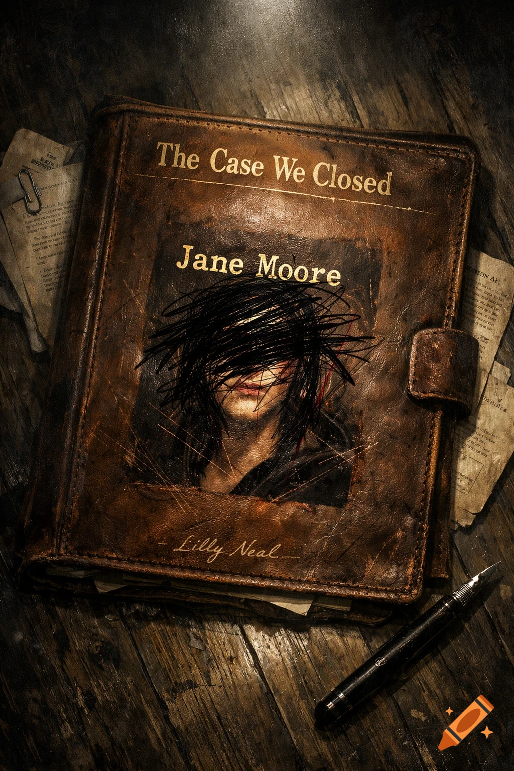 A dark, moody image of an old leather book titled 'The Case We Closed' by 'Jane Moore' with a scribbled-out face, signed 'Lilly Neal', on a wooden table with a fountain pen.