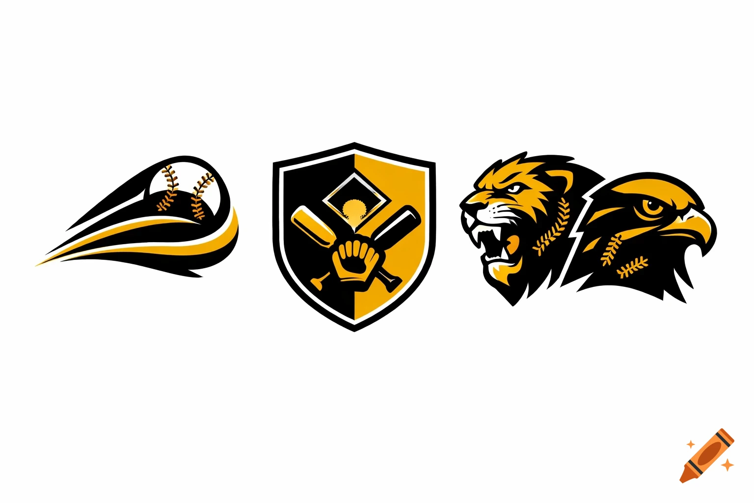 Three black and gold sports logos: a baseball with trails, a shield with baseball equipment, and a roaring lion and an eagle head.