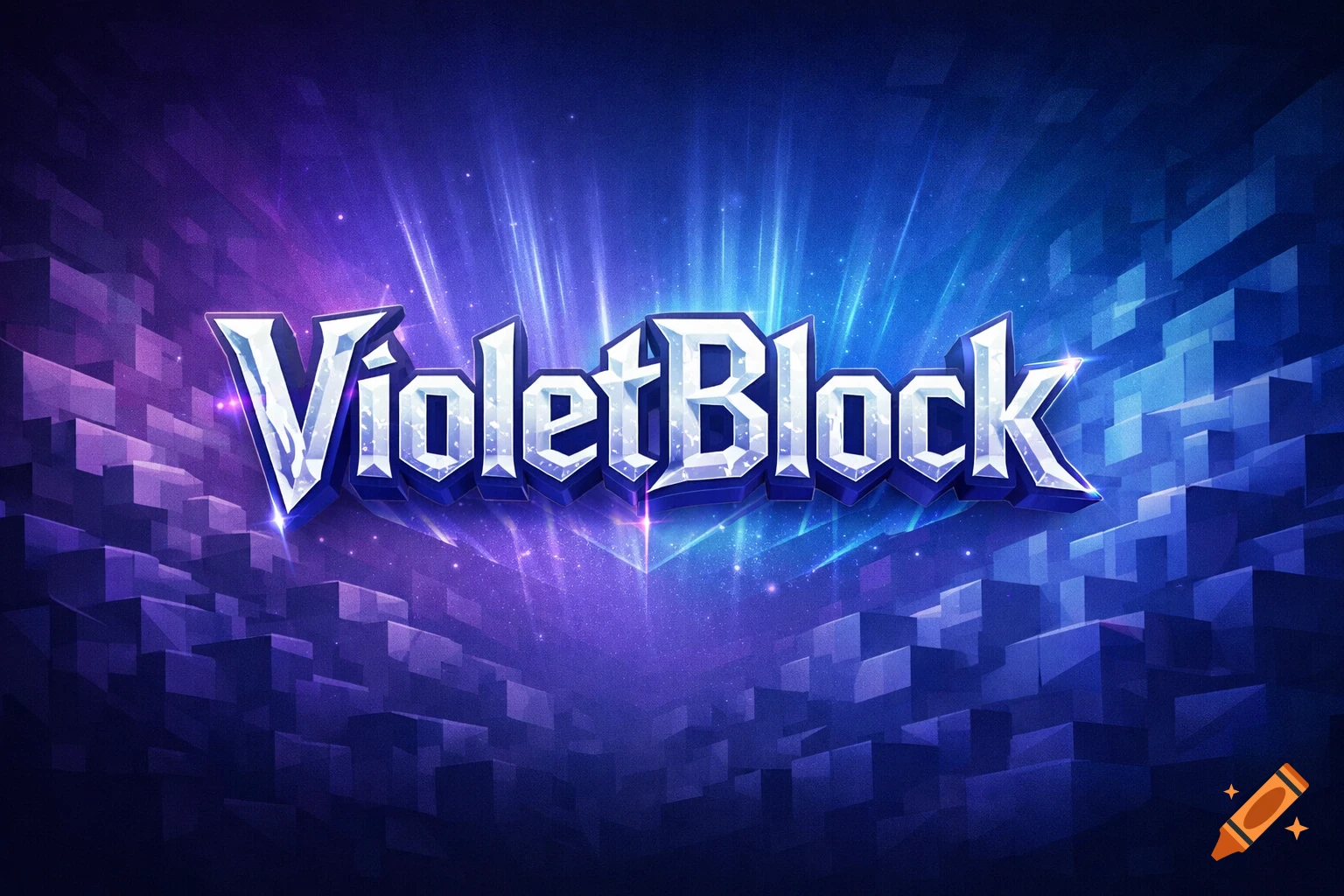 A 3D metallic logo for 'VioletBlock' with light rays on a cosmic purple and blue blocky background.