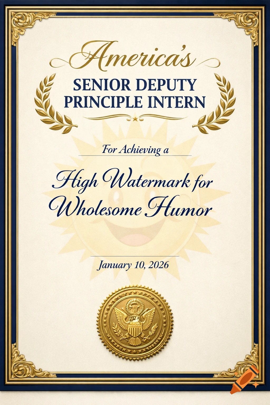 An award certificate with a blue and gold frame and seal, for "America's Senior Deputy Principle Intern" for "High Watermark for Wholesome Humor".