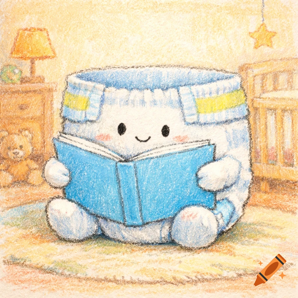 Crayon drawing of an adorable white diaper character with a smiling face, reading a blue book in a sunny nursery.