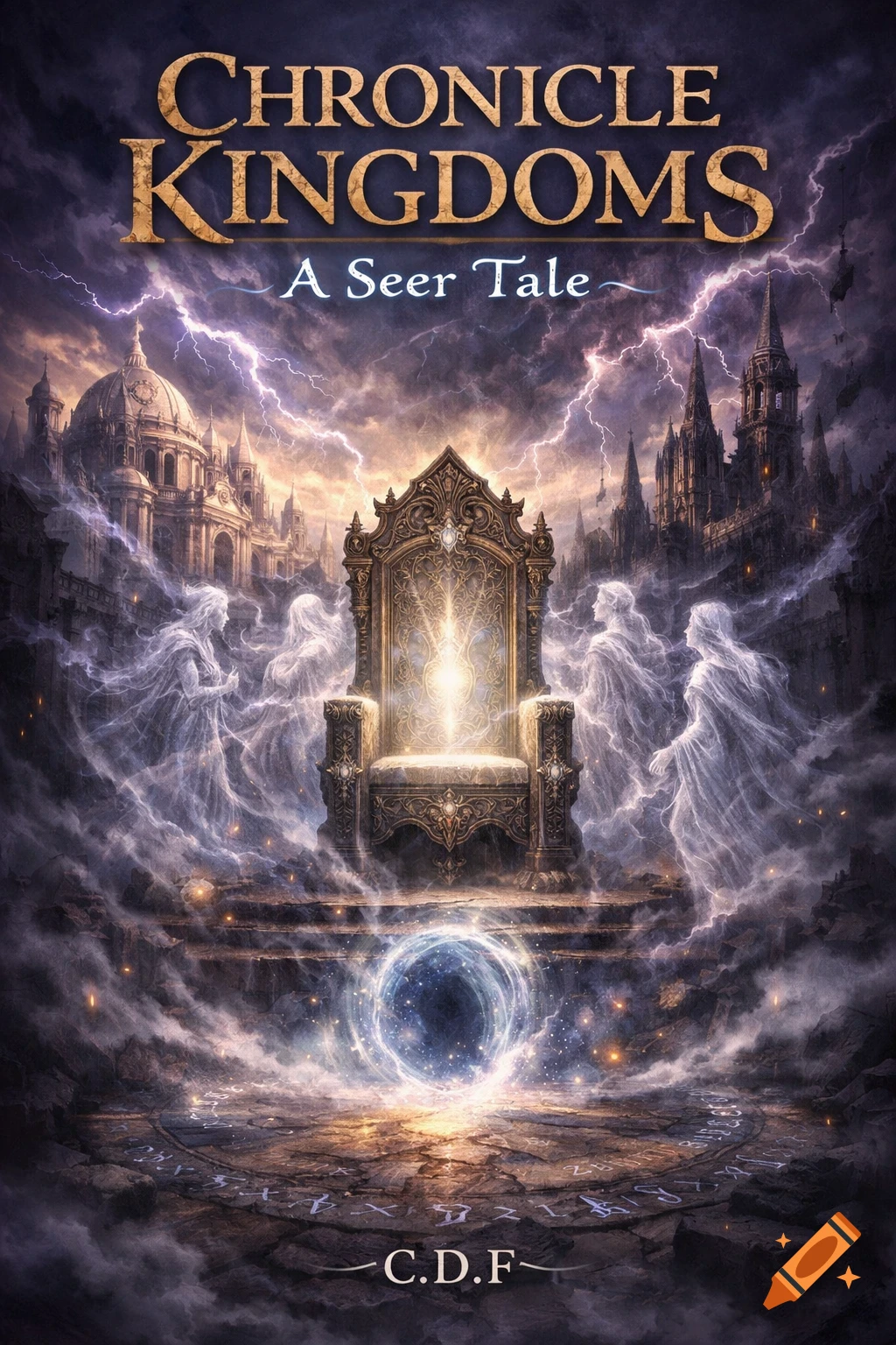An epic fantasy book cover featuring an ornate, glowing throne, ghostly figures, a dark city skyline under lightning, and a magical portal.