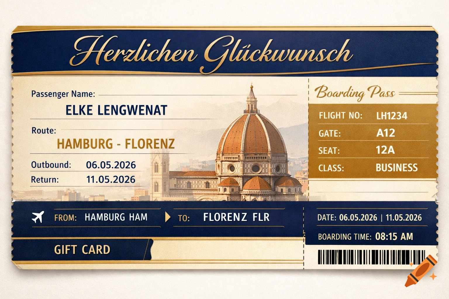 A stylized boarding pass gift card for a trip from Hamburg to Florence, featuring a subtle watermark of the Florence Cathedral, passenger and flight details, and a 'Herzlichen Glückwunsch' headline.
