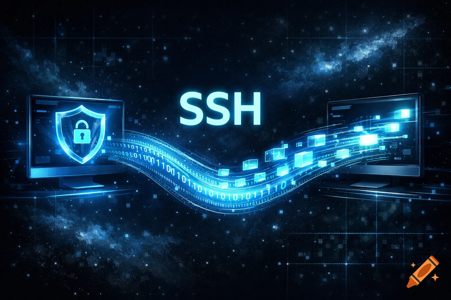 Two glowing blue computers with 'SSH' text, connected by binary code and data streams, against a dark digital background.