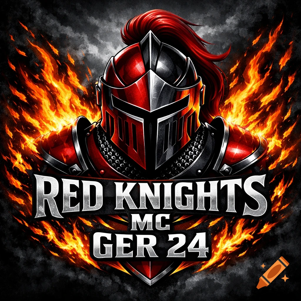Stylized logo of a red and silver knight's helmet with a red plume, surrounded by orange flames, above the text 'RED KNIGHTS MC GER 24'.
