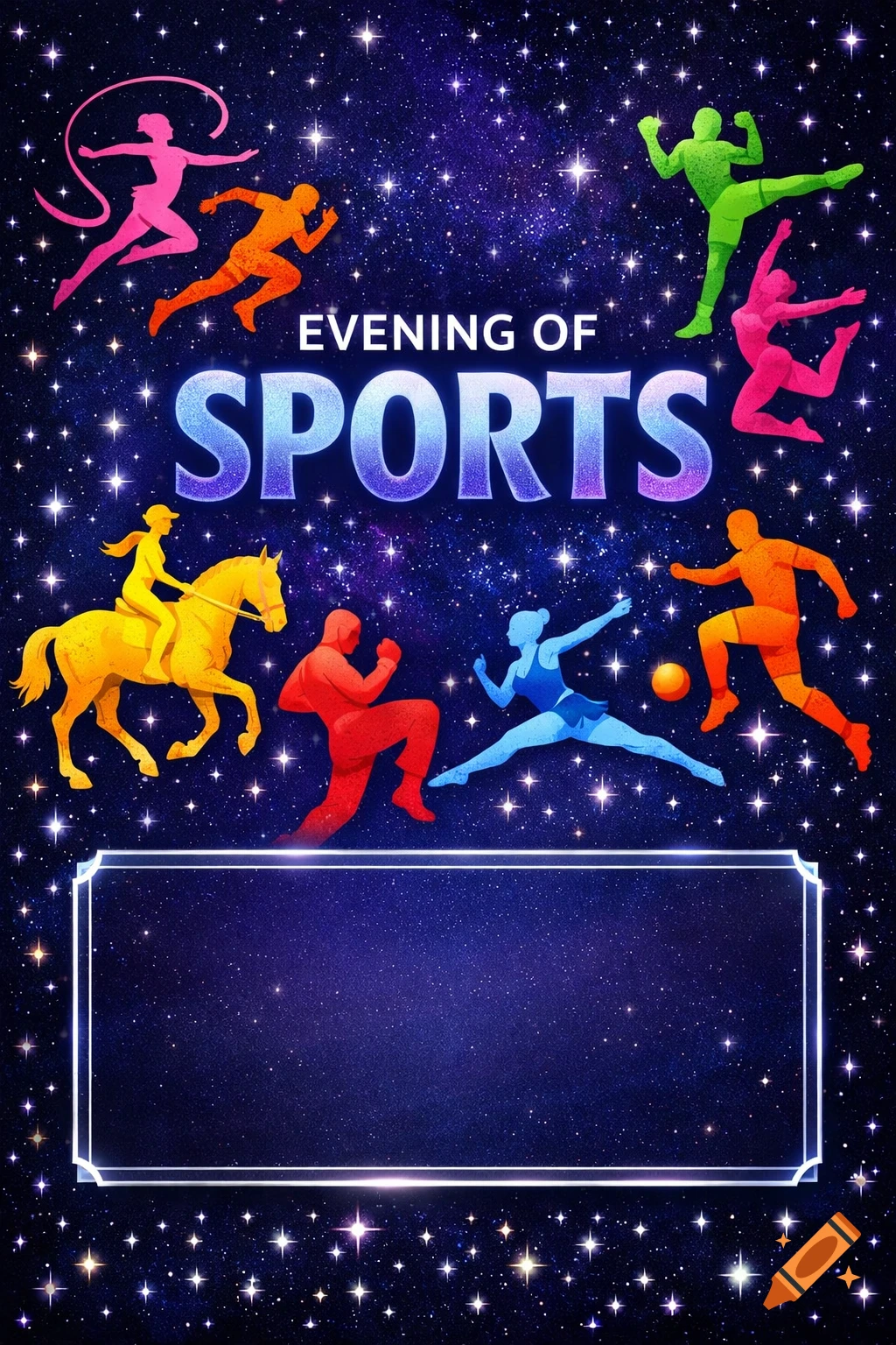 A vibrant poster with colorful sports pictograms against a starry night sky, featuring the text 'EVENING OF SPORTS' and an empty text box.