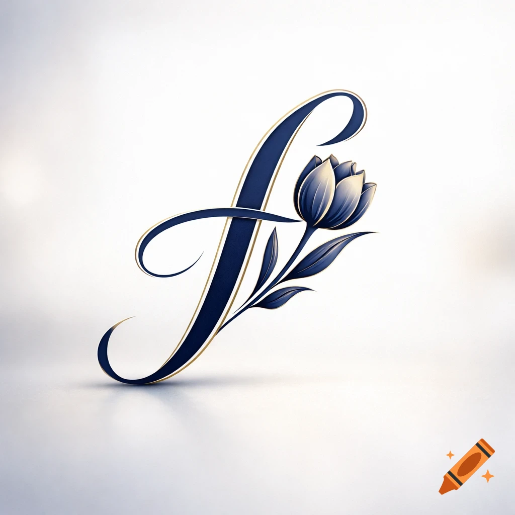 Elegant gold and navy blue calligraphy lowercase letter 'f' intertwined with a tulip, on a light background.
