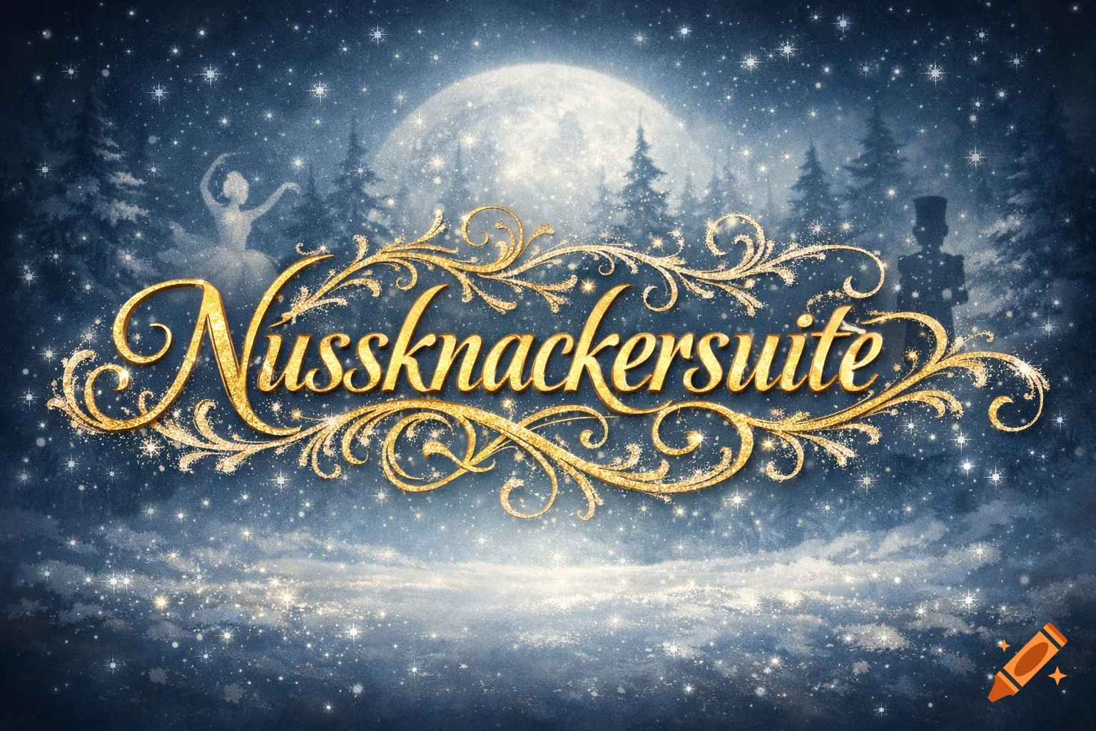 Glittering gold 'Nussknackersuite' title in a magical winter wonderland with a ballerina, nutcracker soldier, and full moon.
