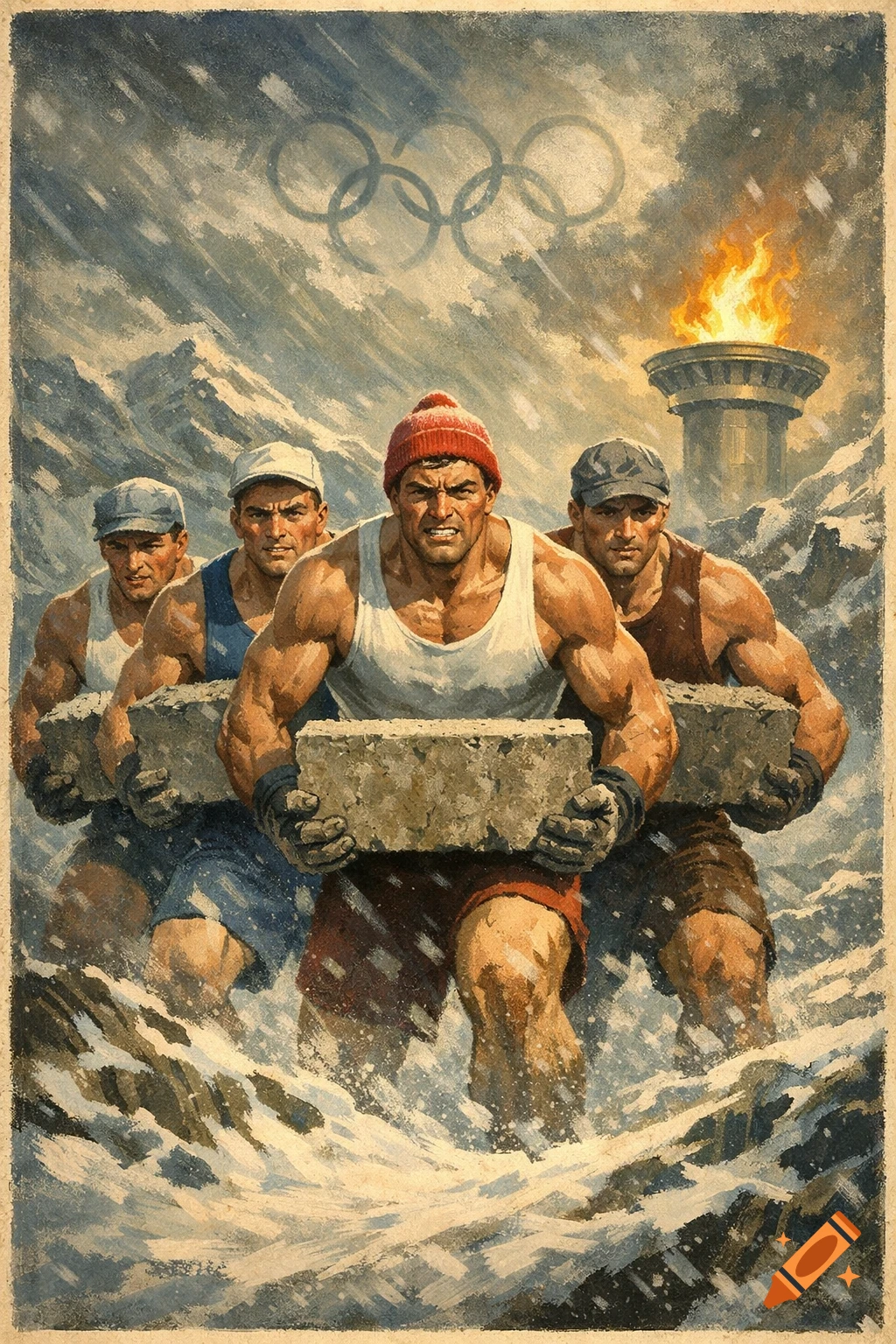Four muscular men in a vintage-style Winter Olympics poster, carrying cinder blocks through snow with an Olympic torch and rings in the background.