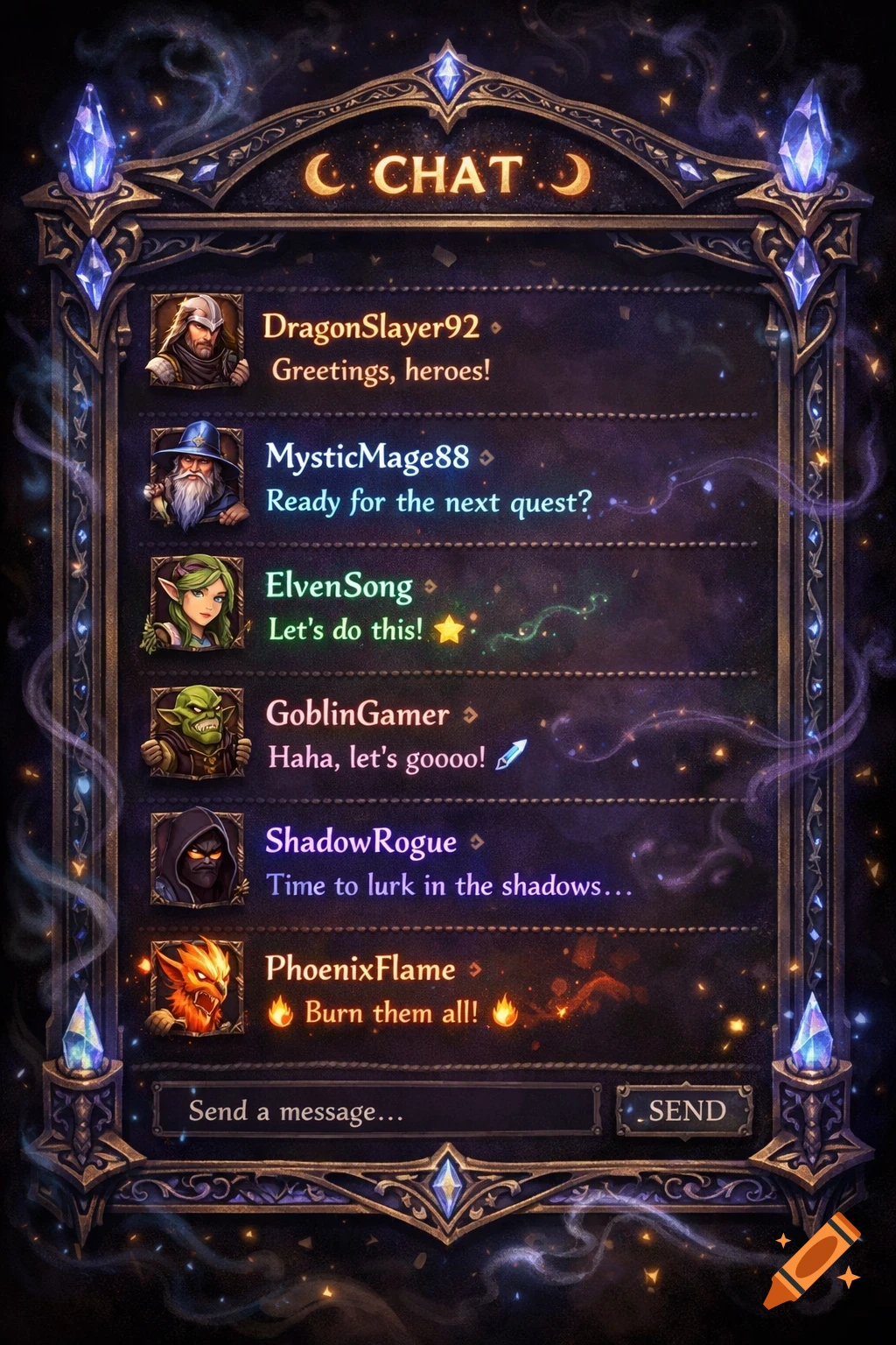 A fantasy-themed Twitch chatbox with glowing crystals and ornate borders, showing user avatars and chat messages.