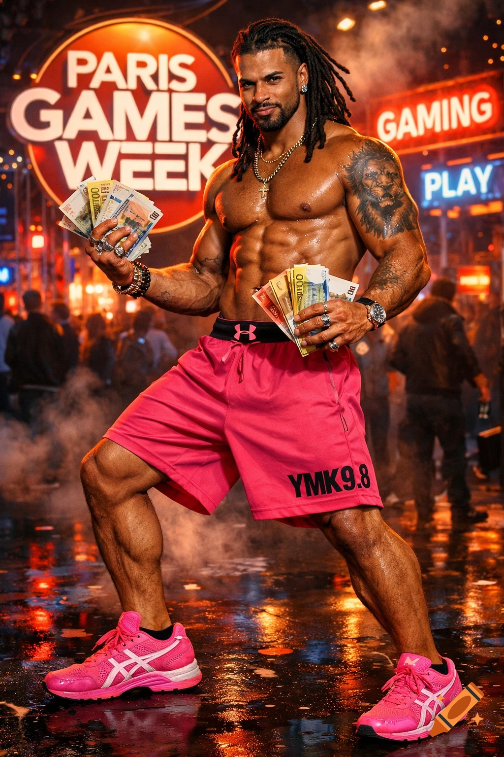 A muscular, shirtless man with dreadlocks and a lion tattoo, holding stacks of euros, wears pink shorts and shoes in a vibrant urban setting with a "Paris Games Week" sign.