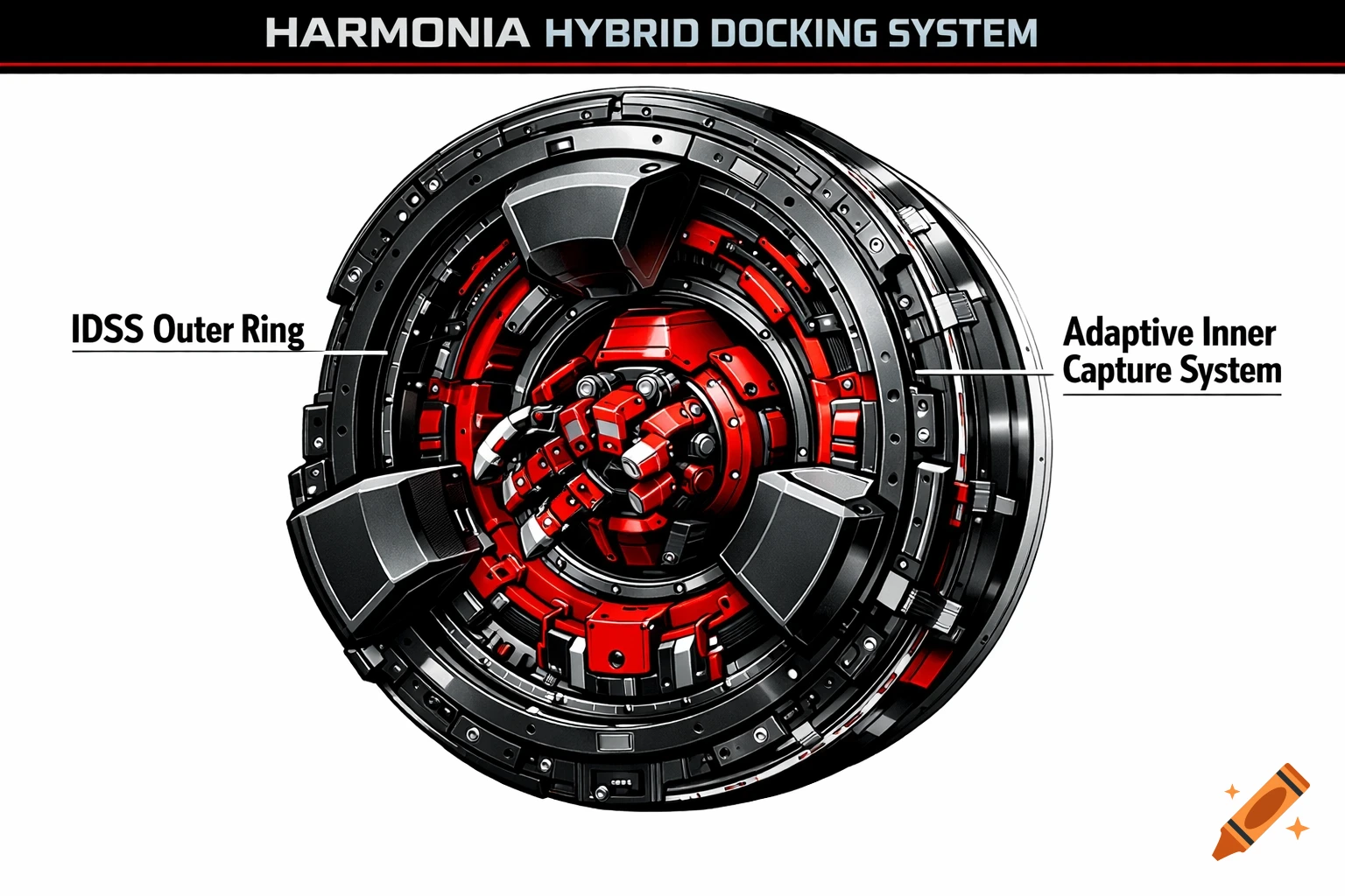 A highly detailed technical illustration of a Harmonia hybrid docking system in red, black, and white with labels.