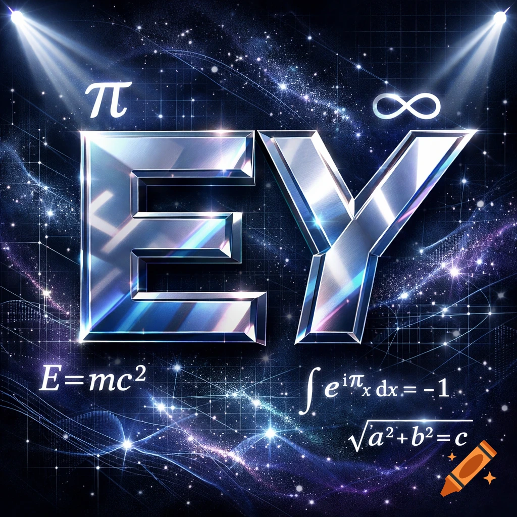 Shiny metallic letters EY against a dark, starry cosmic background with grid lines and spotlights. Various mathematical equations and symbols like Pi, Infinity, E=mc², and the Pythagorean theorem are scattered around.