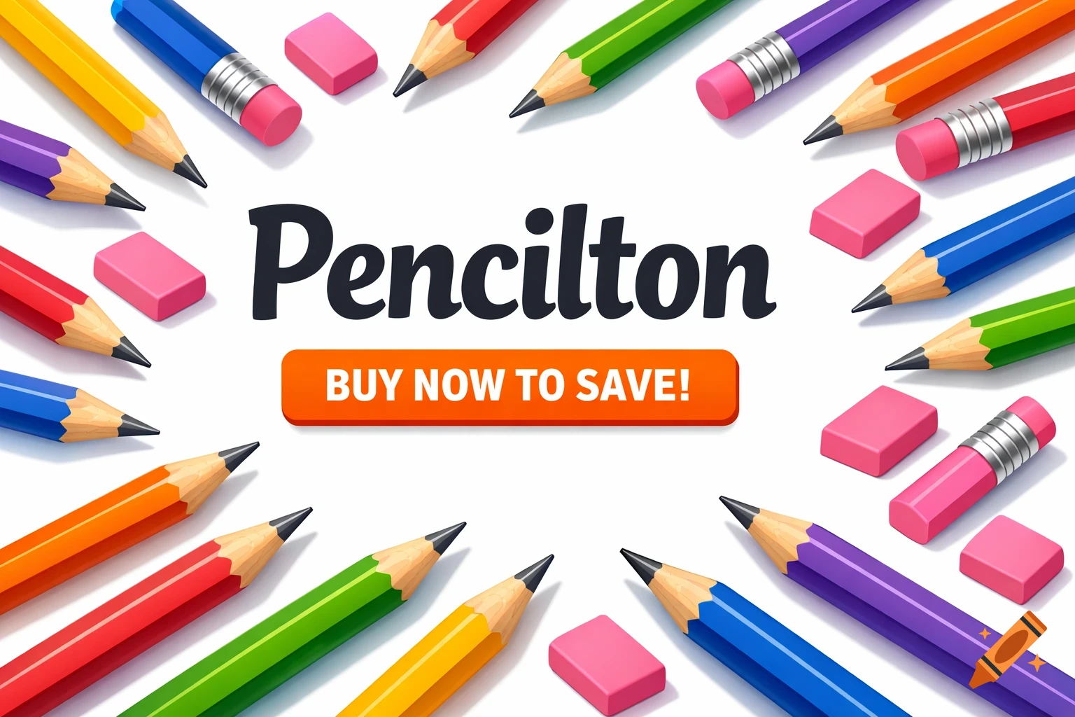Colorful pencils and pink erasers arranged in a circle around the text "Pencilton" and "BUY NOW TO SAVE!" on a white background.