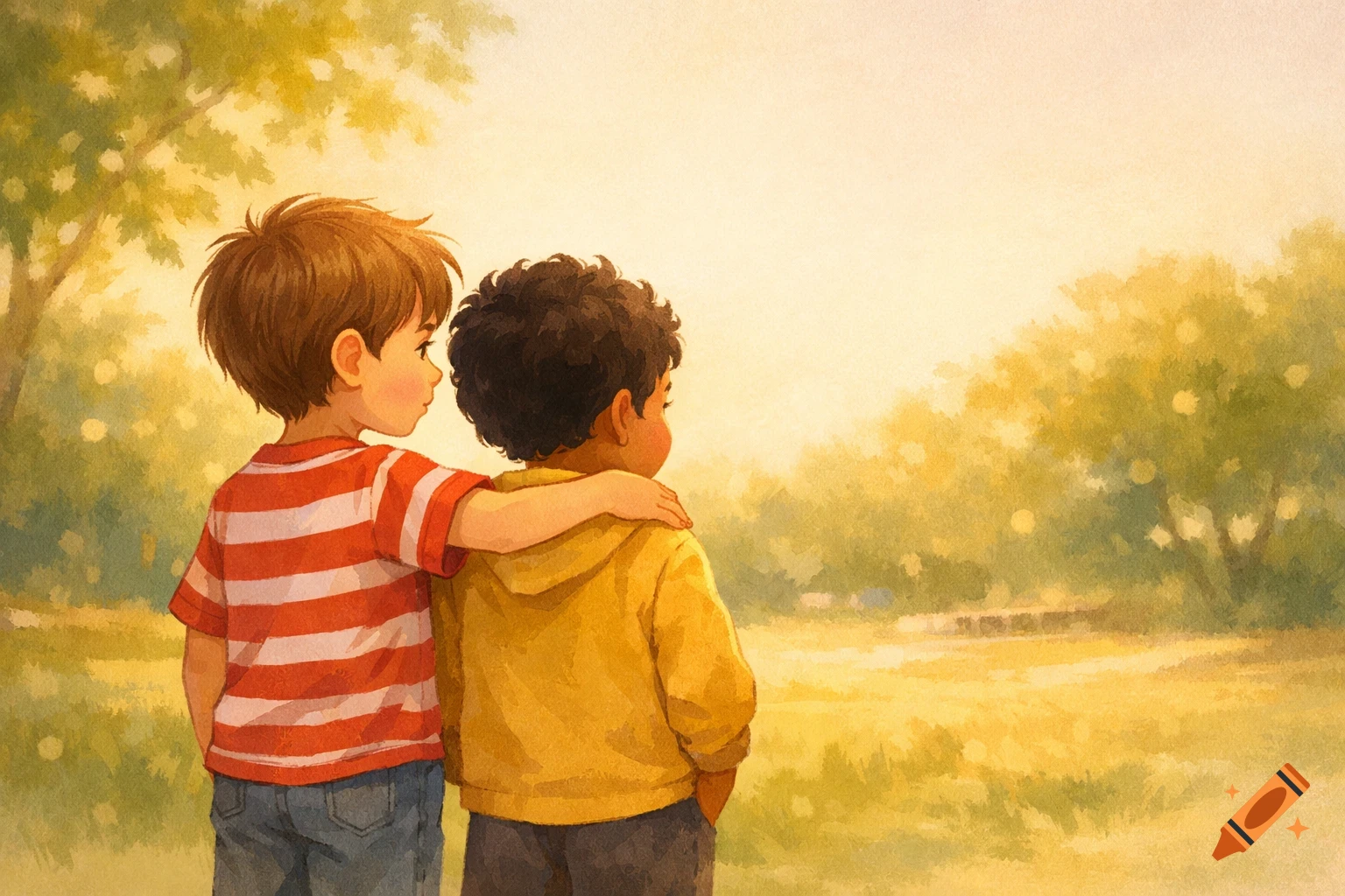 Two boys, one with an arm around the other, look into a sunny park in a watercolor illustration.