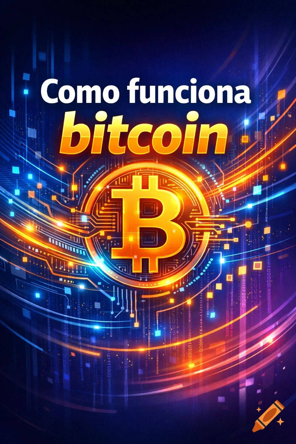 Text 'Como funciona bitcoin' above a glowing gold Bitcoin logo on a blue and orange digital circuit board background.