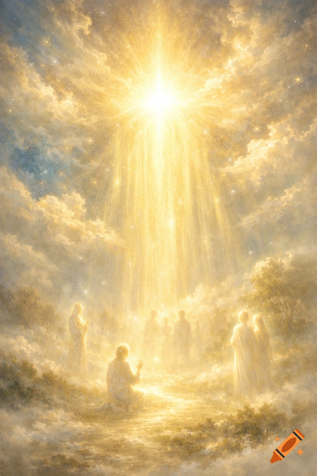 Ethereal figures in robes gather under a brilliant golden light shining through clouds in a spiritual, painterly scene.