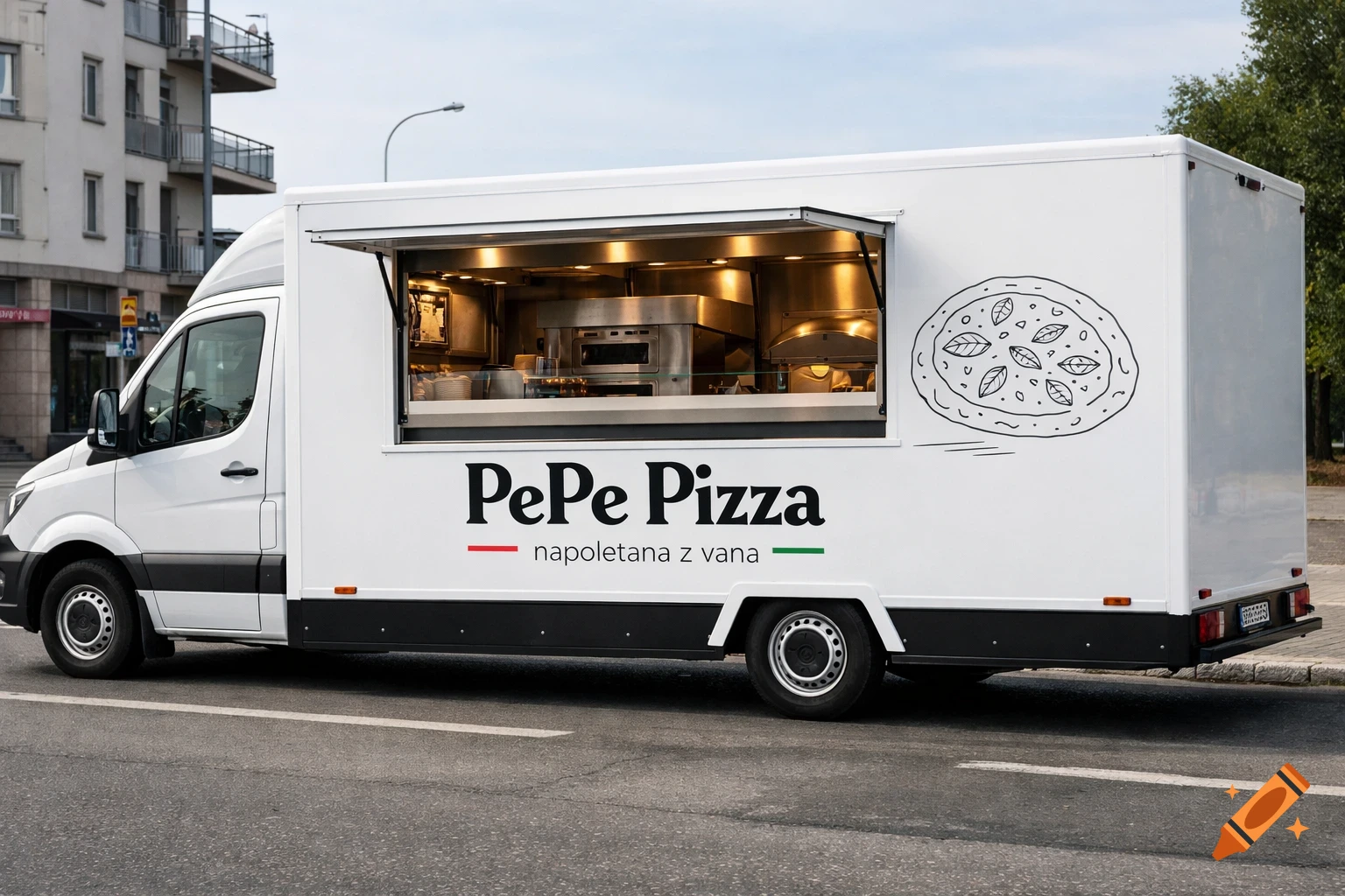 A photorealistic white Mercedes Sprinter food truck selling "PePe Pizza napoletana" on an urban street, with an open serving window.