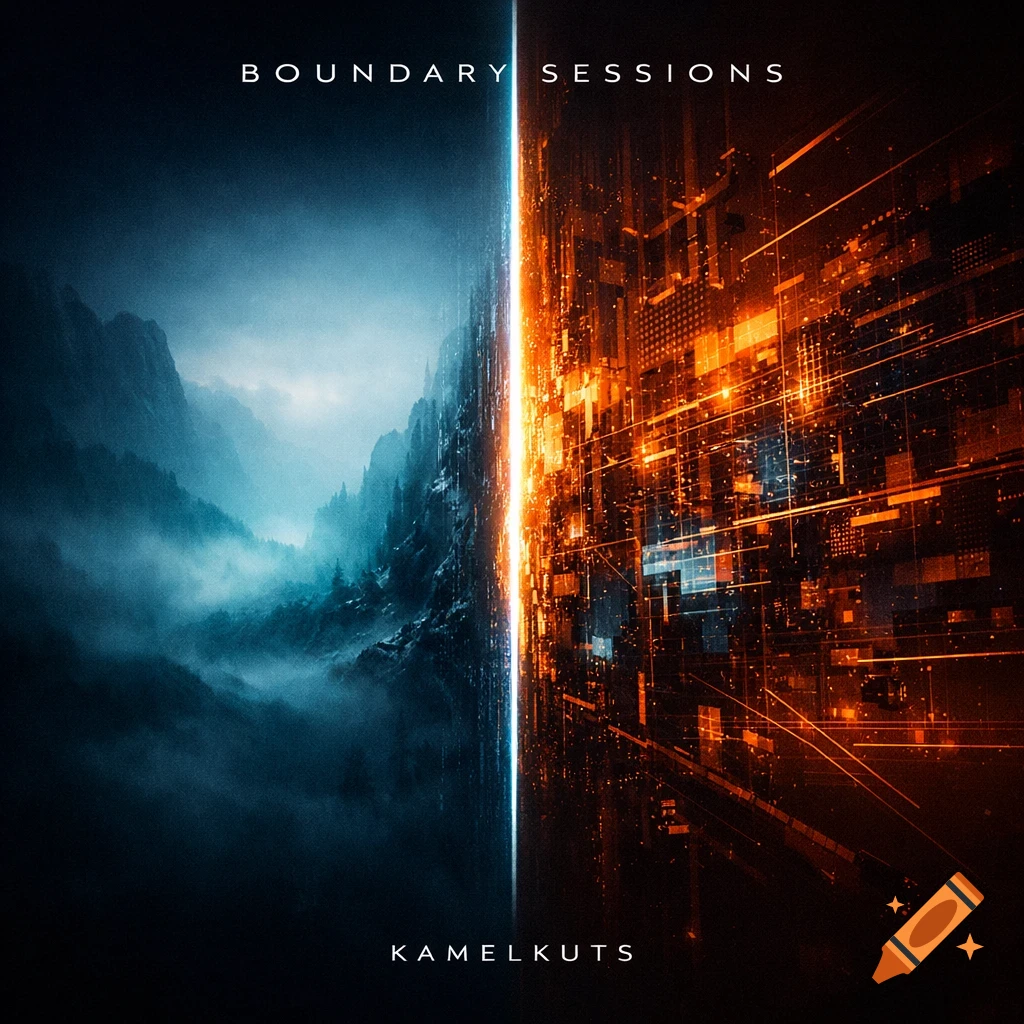 Album cover split vertically between a misty blue mountain landscape and an orange-lit digital world. Text reads 'Boundary Sessions' and 'Kamelkuts'.