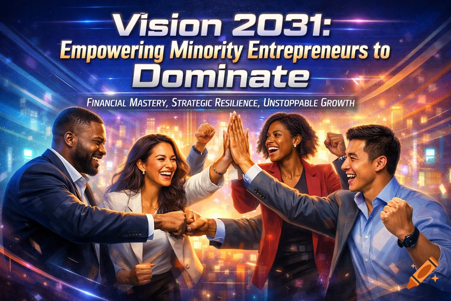 Four diverse entrepreneurs high-fiving and fist-bumping against a futuristic city backdrop with title text.
