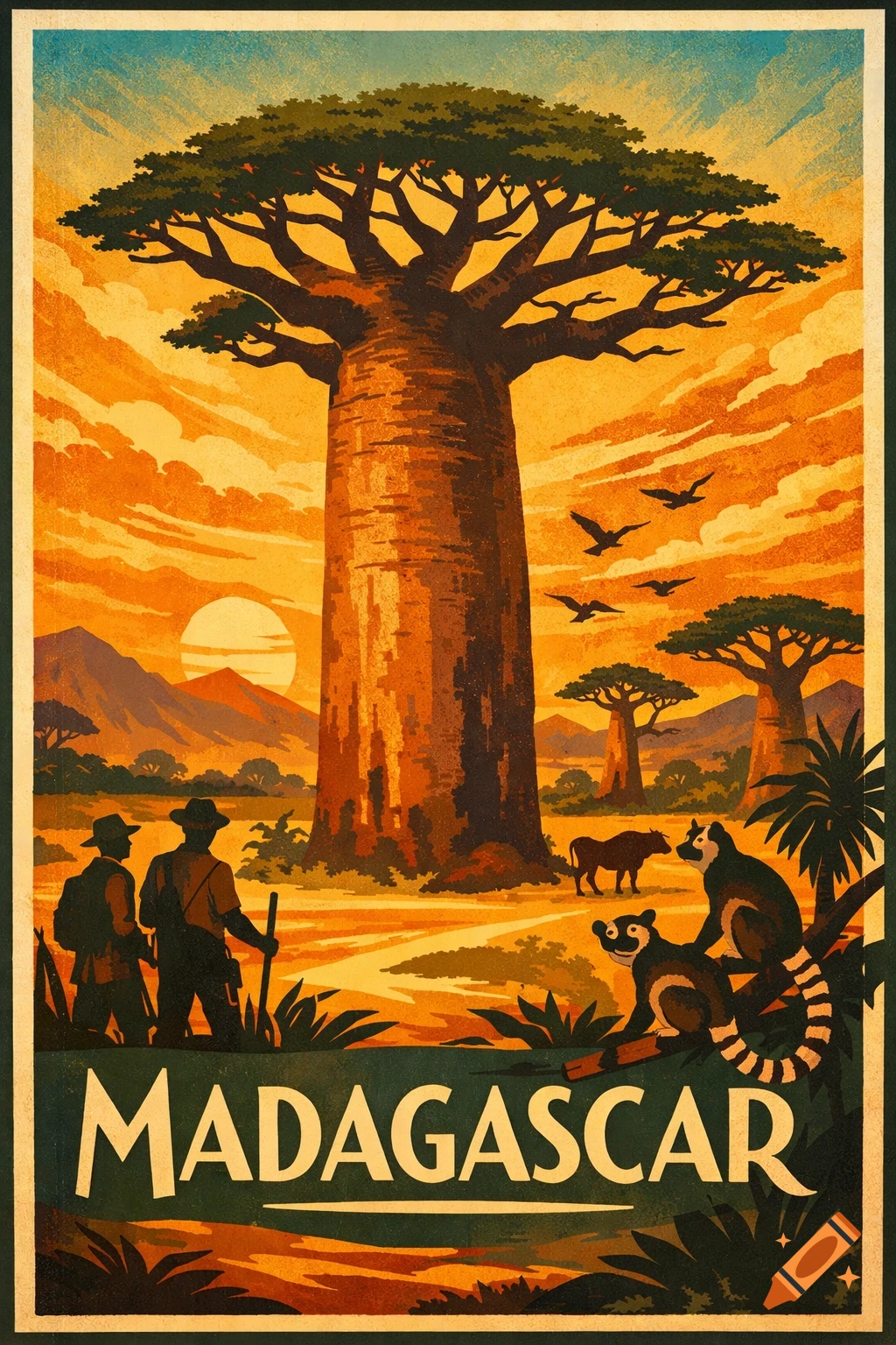 A vintage travel poster of Madagascar depicts a large baobab tree at sunset, with explorers, lemurs, and cattle.