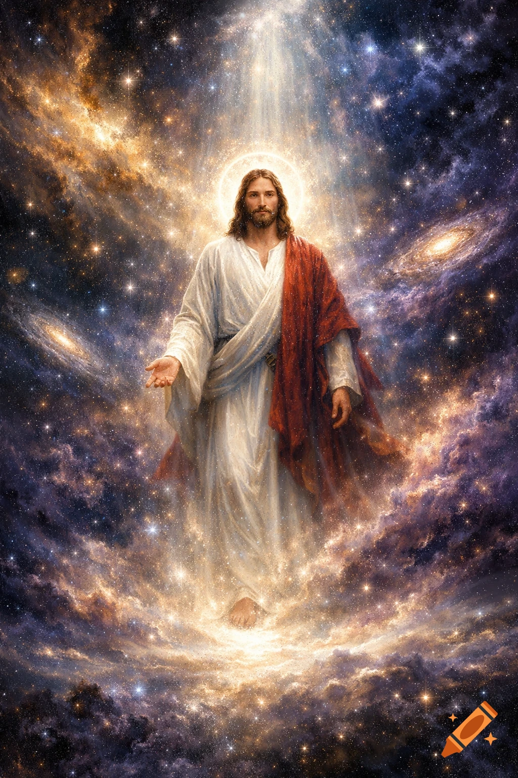 Jesus Christ, with a halo and robes, stands amidst a vibrant cosmic galaxy with stars and nebulas, bathed in radiant light.