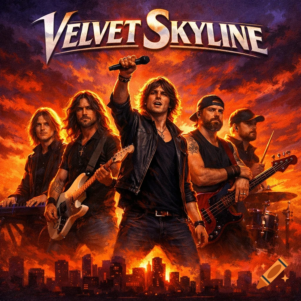 A five-person rock band, 'Velvet Skyline,' on an album cover with a city skyline silhouette against a fiery sunset.