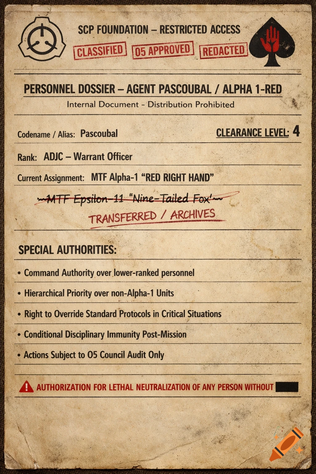 An aged, beige SCP Foundation personnel dossier for Agent Pascubal / Alpha 1-Red, with redacted and classified stamps.