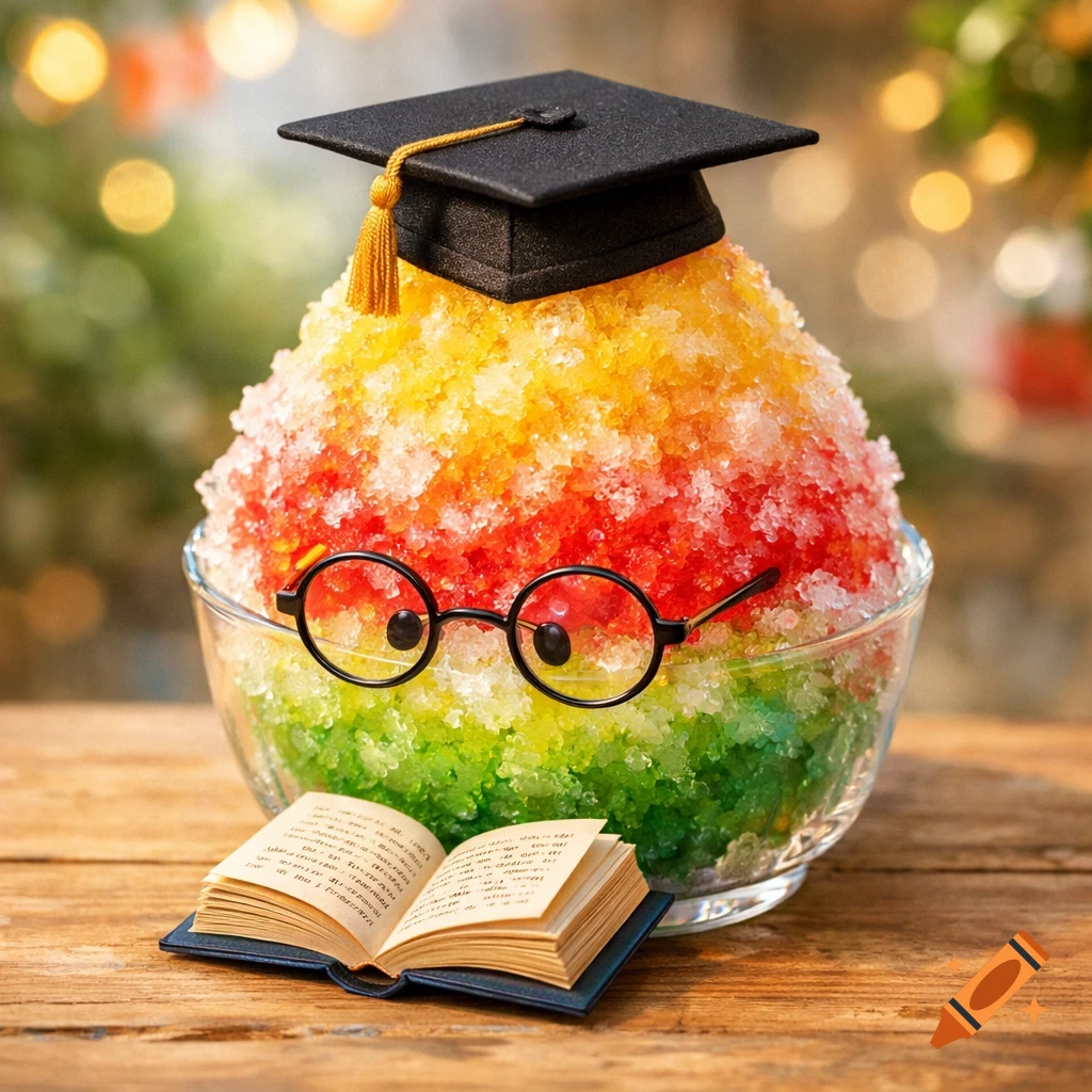 A colorful shaved ice dessert with a graduation cap and round glasses, next to a tiny open book on a wooden table.