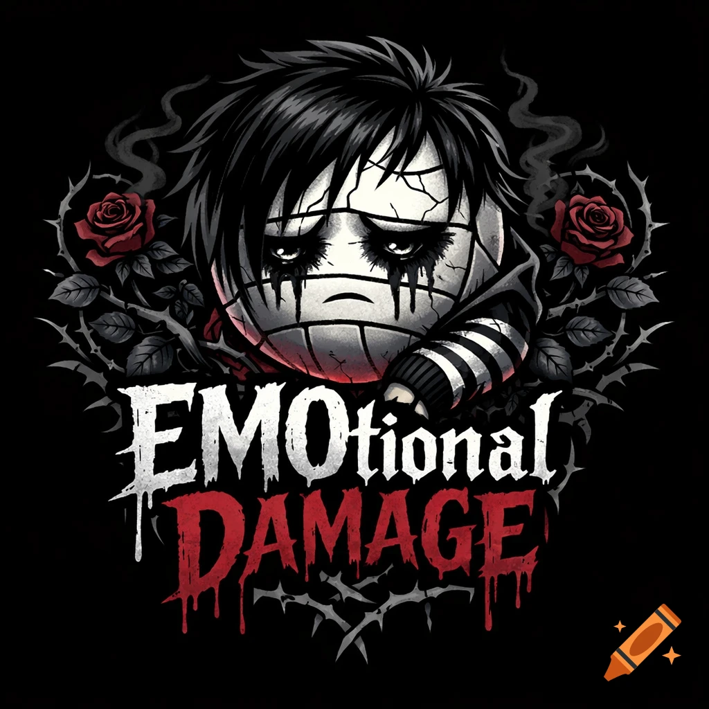 A stylized emo logo featuring a sad, cracked-face character with black tears and thorny roses, above 'EMOtional DAMAGE' text.