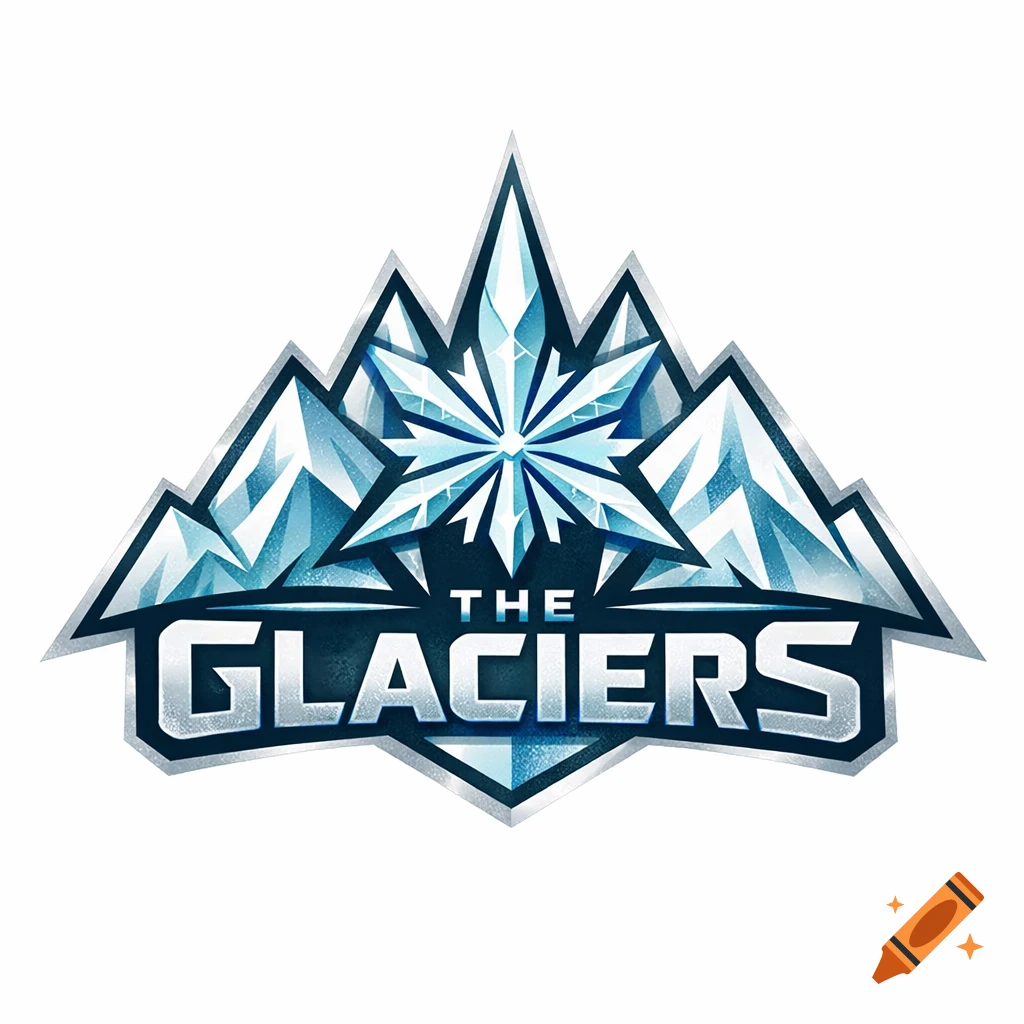 Logo for 'The Glaciers' team with stylized mountains, a central ice crystal, and text in blue, white, and silver.