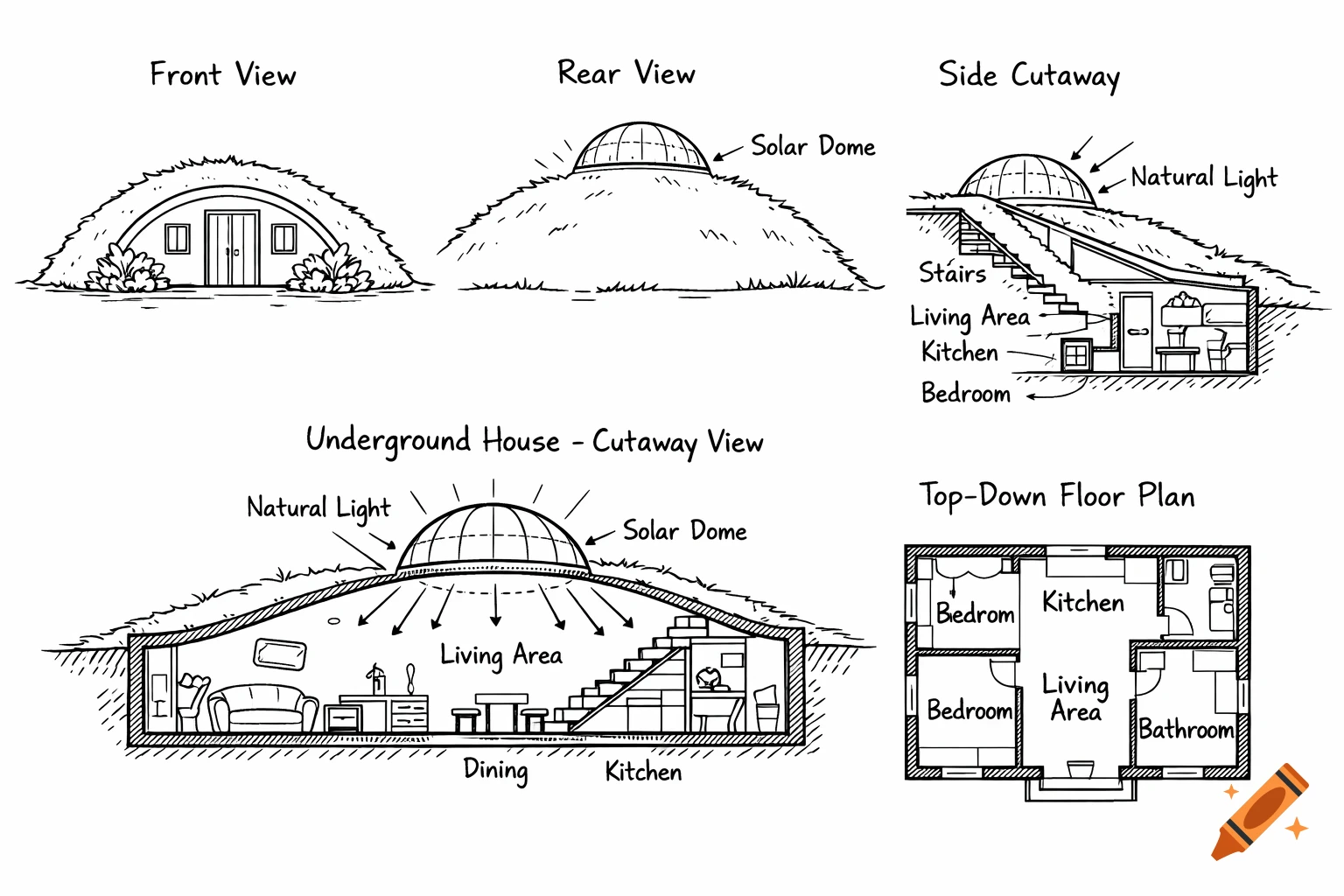 Black and white line drawing of an eco-responsible underground house, showing front, rear, side cutaway views, and a top-down floor plan with room labels.